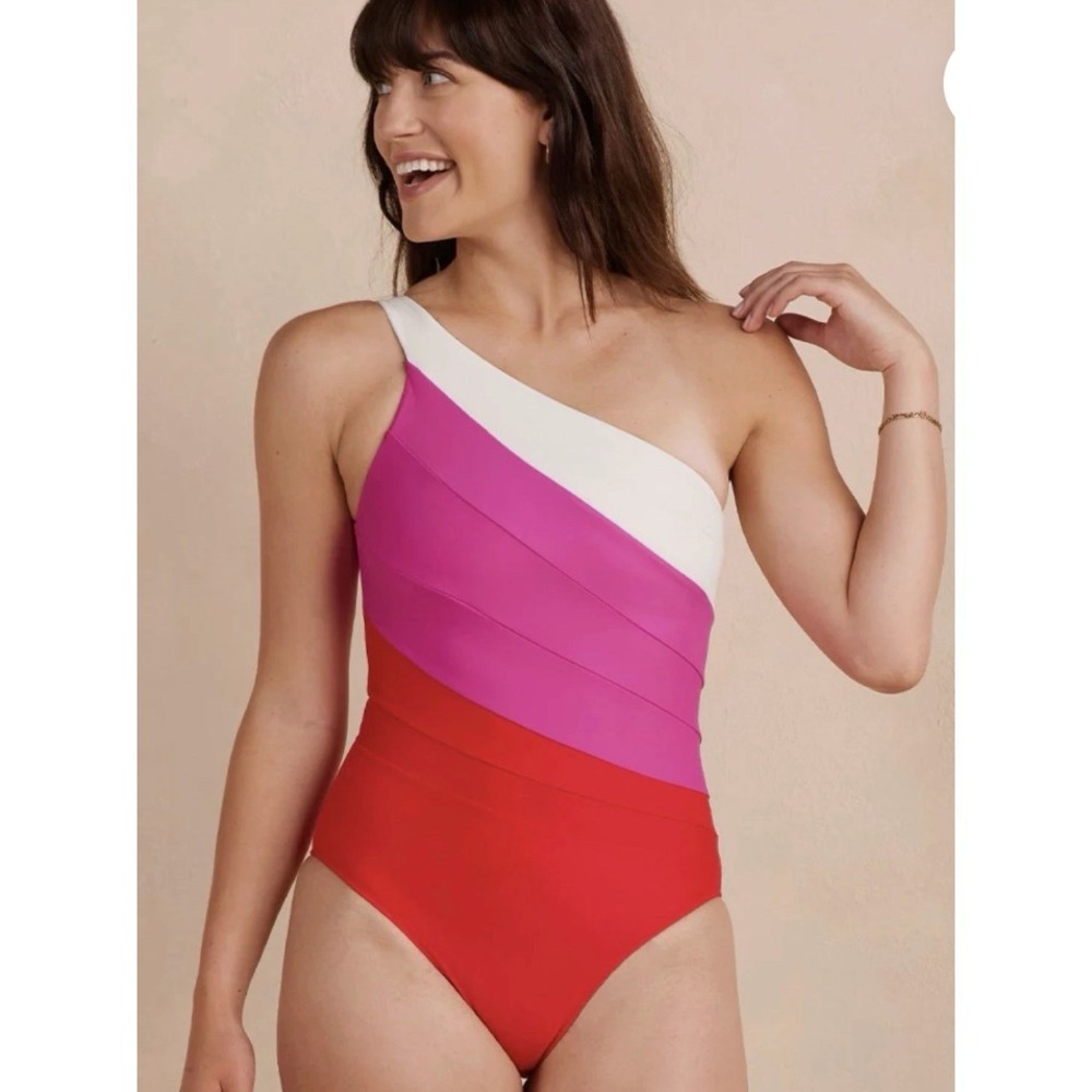 summersalt One-Shoulder Colorblock One-Piece in White, Pink, Fuchsia, and Red